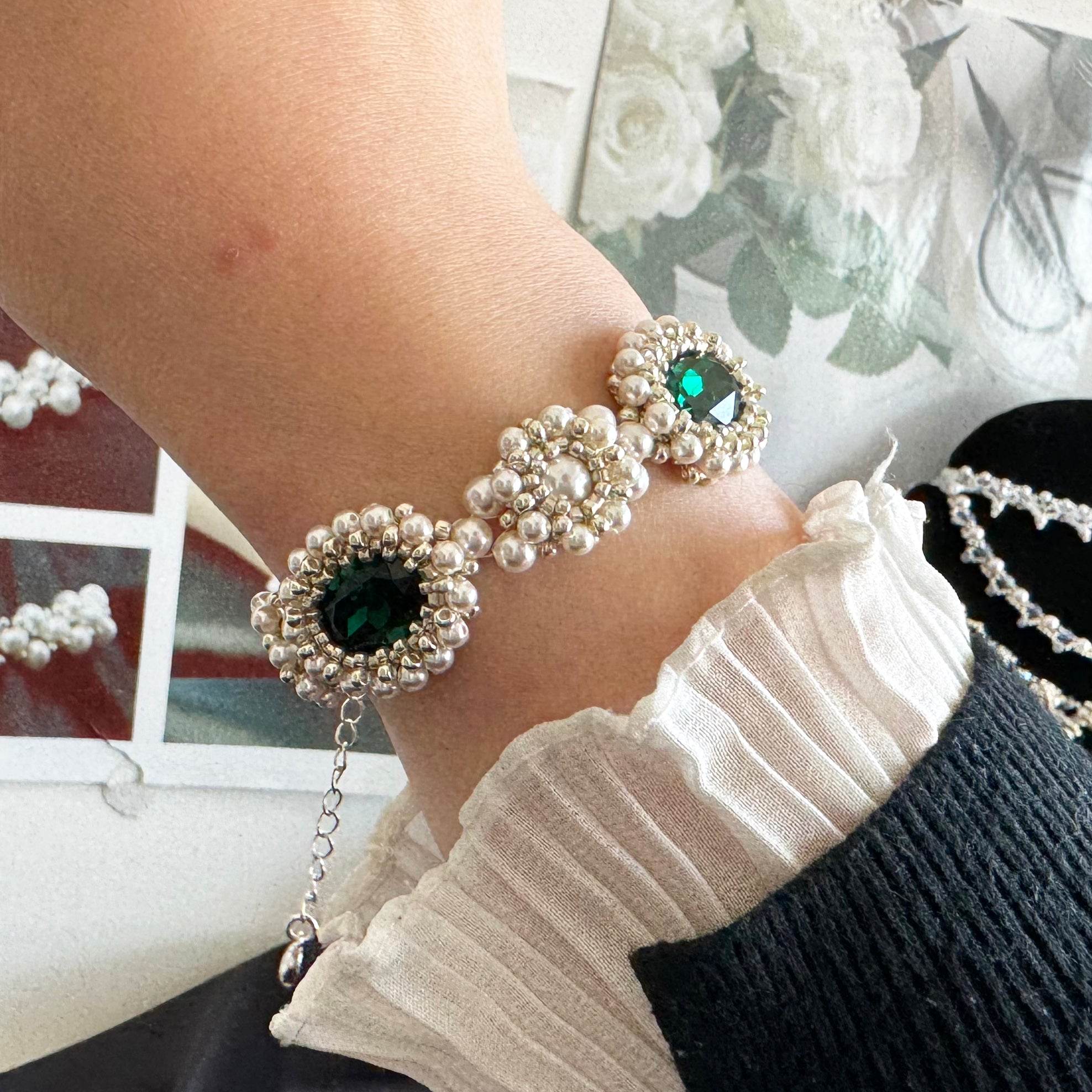 Kit - Green Oval Gem Stone Pearl Bracelet