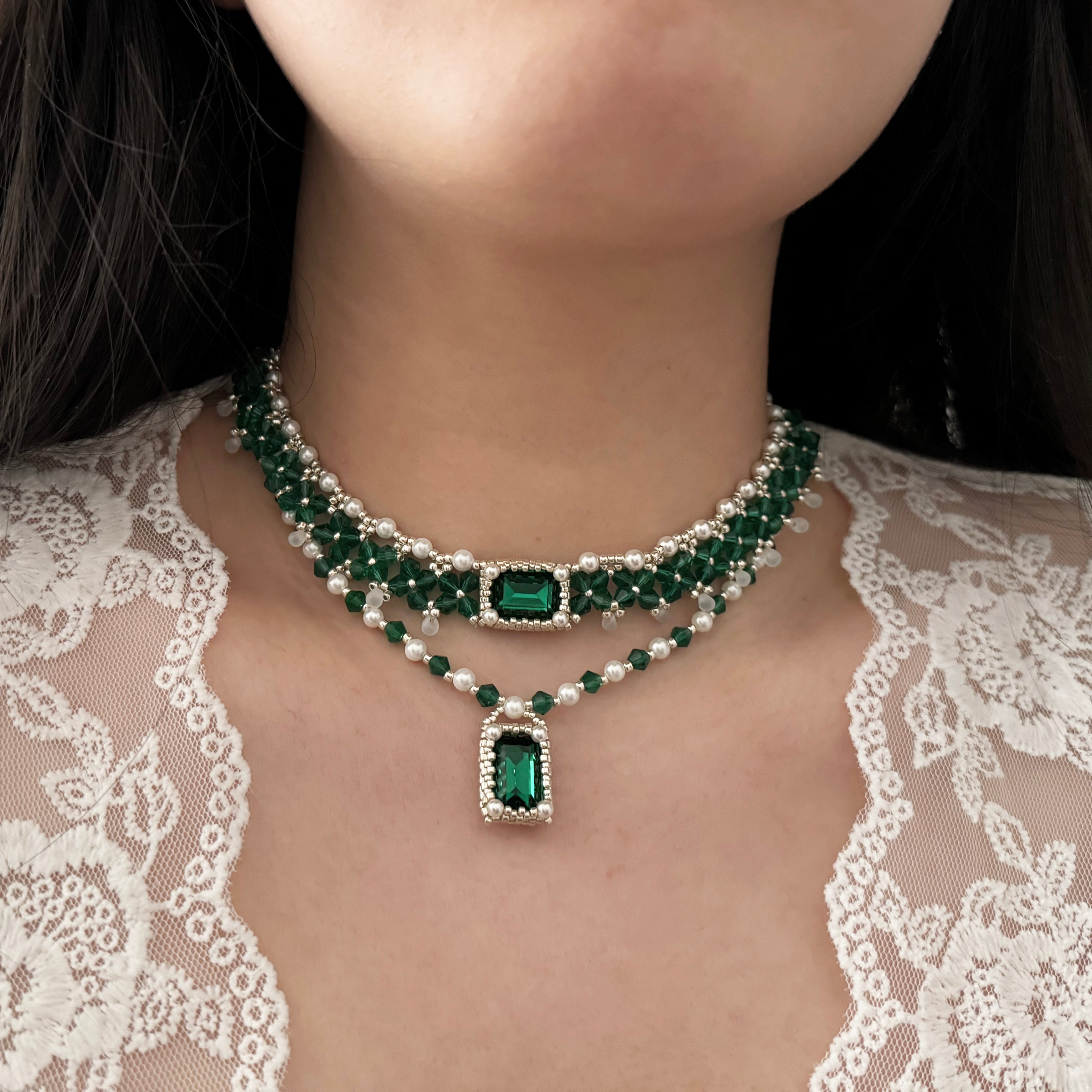 Kit - Green Square Stone Pearl Necklace
