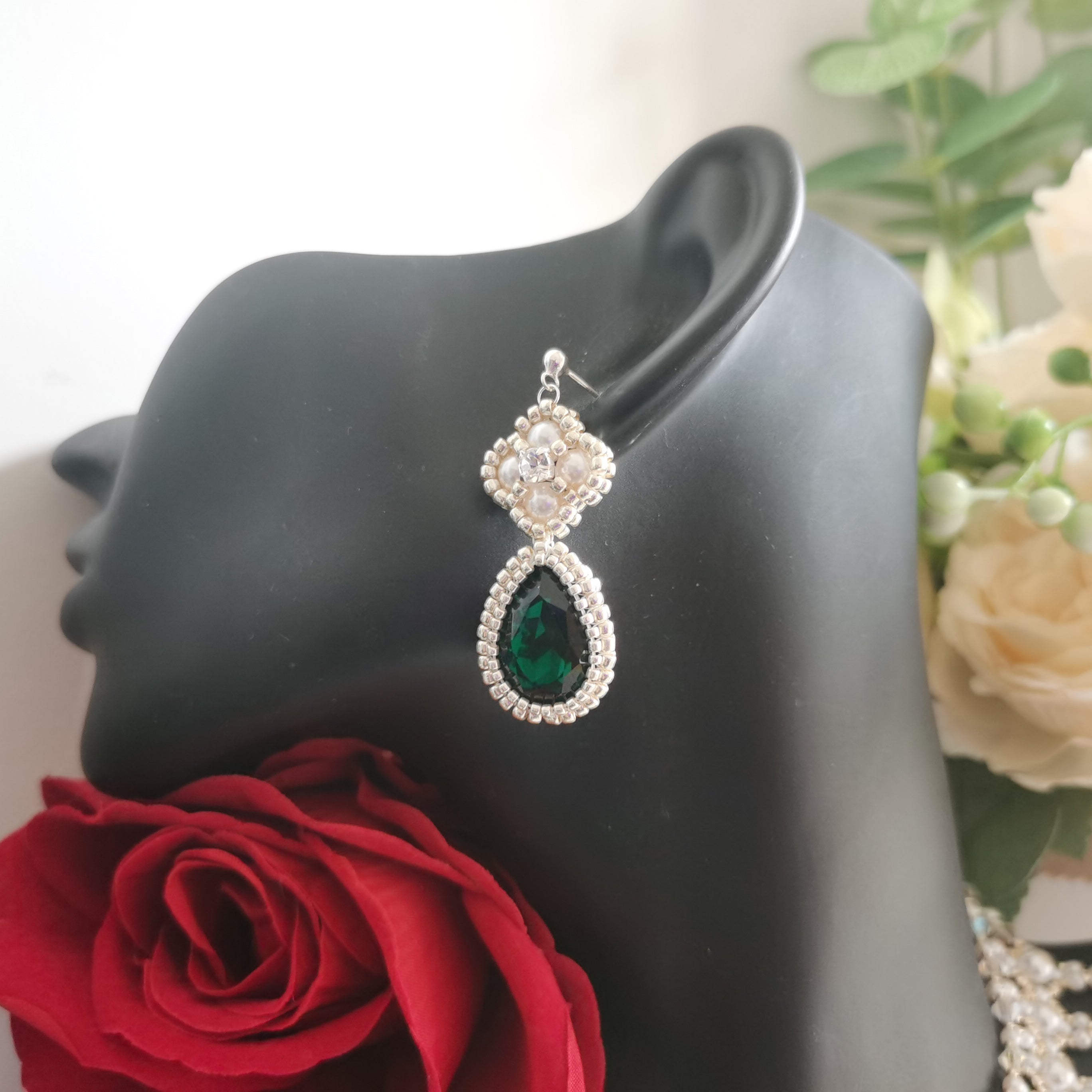 Kit - Green Drop Diamond Pearl Earrings
